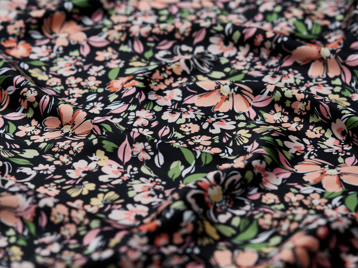 Faux silk charmeuse satin fabric by the yard - Black orange ivory   floral  print