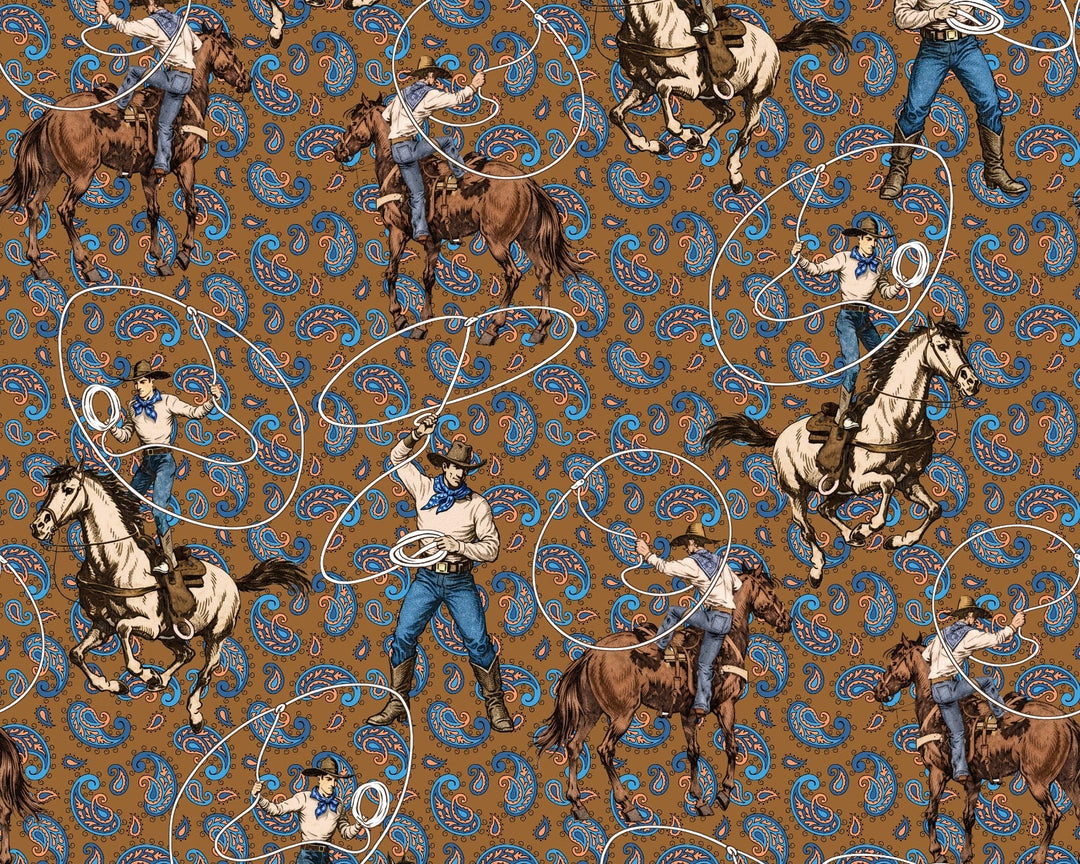 Patterned fabric with cowboys on horses and lassos, featuring a brown and blue color scheme.