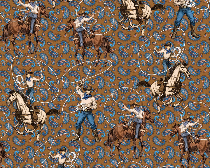 Patterned fabric with cowboys on horses and lassos, featuring a brown and blue color scheme.