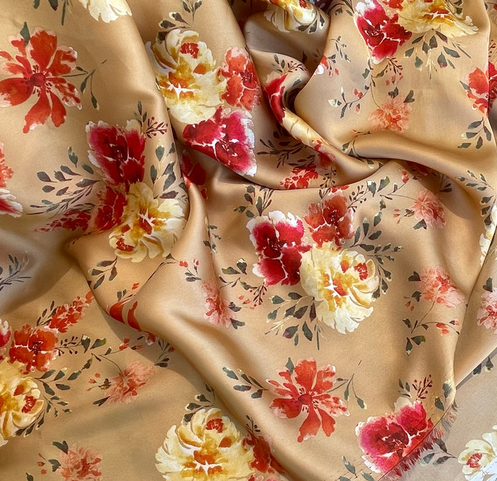 Lightweight  satin  fabric by the yard - Mocha with red and yellow  florals  pattern