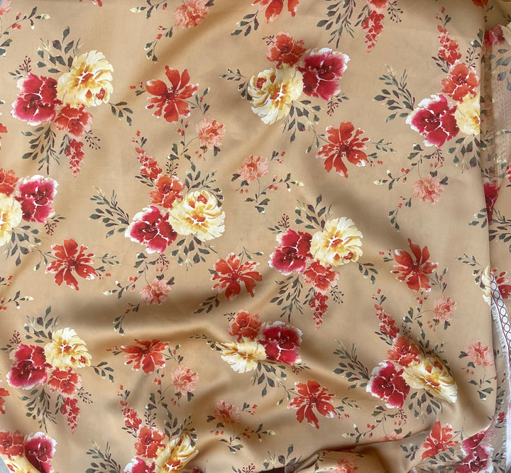 Lightweight  satin  fabric by the yard - Mocha with red and yellow  florals  pattern