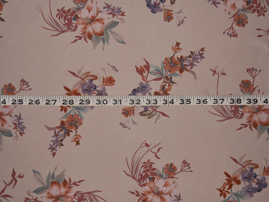 Lightweight  satin fabric by the yard - Rusty lavender flowers  with brown tones on a Peachy background - floral pattern