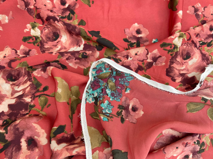 Lightweight  satin  fabric by the yard - Burnt coral  with teal burgundy   florals  print