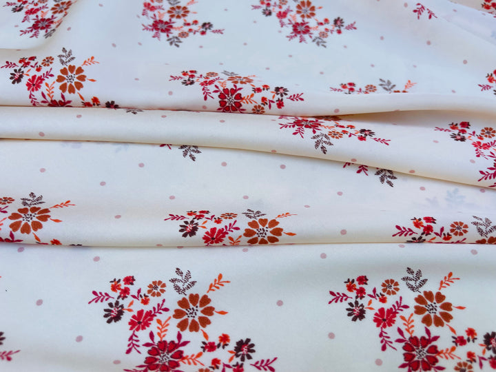 Lightweight  satin  fabric by the yard - Off white rusty orange    floral  and dots  print