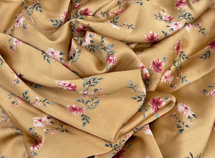 Lightweight  satin  dobby fabric by the yard - Bronzed mustard floral  pattern