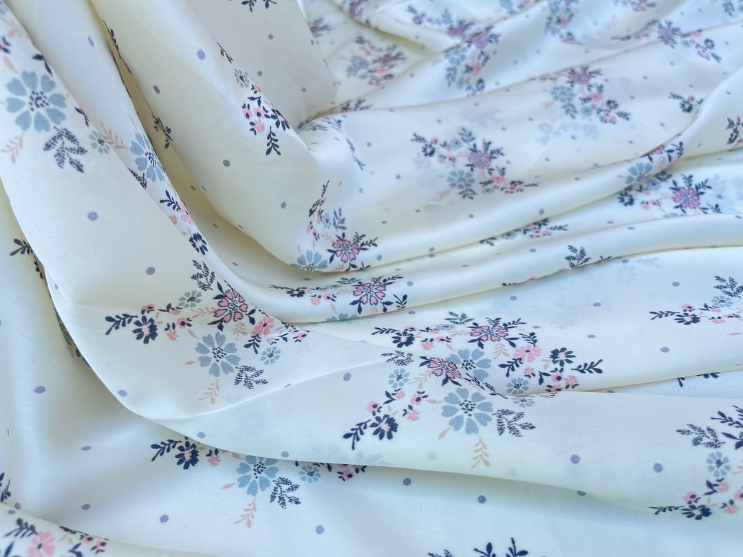 Lightweight  satin  fabric by the yard - Off white Pink gray    floral  and dots  print