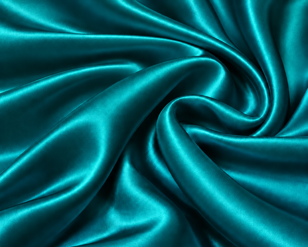 Teal satin fabric draped in elegant swirls, showcasing a smooth, glossy texture with rich folds and highlights.