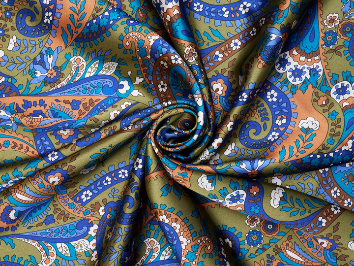 Paisley charmeuse satin fabric by the yard - Green, blue and brown tones