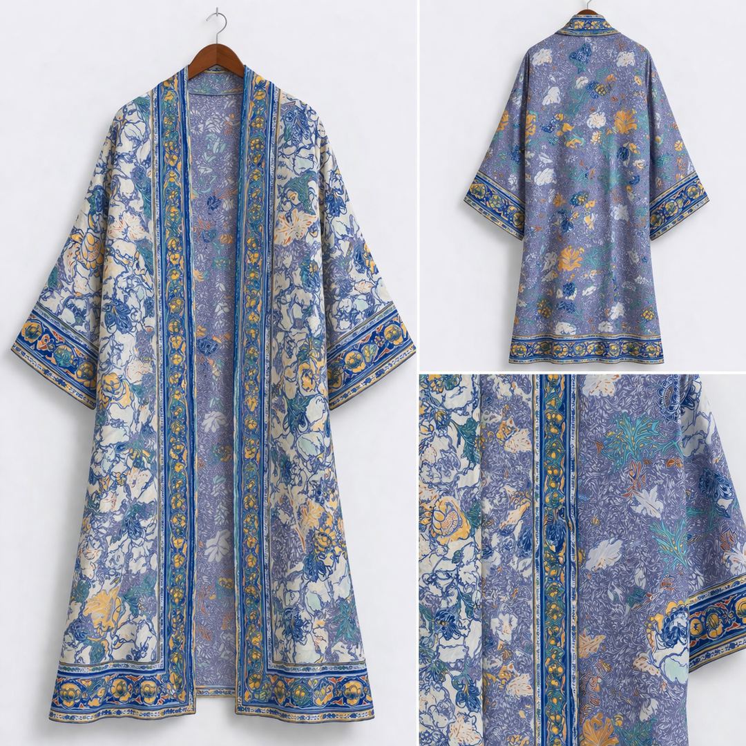 Blue and off white  floral border Lightweight  satin   fabric by the yard - Kimono fabric