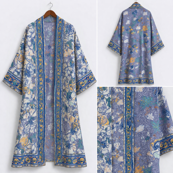 Blue and off white  floral border Lightweight  satin   fabric by the yard - Kimono fabric