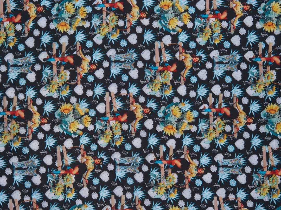 Charmeuse Satin sublimation  fabric by the yard -   Sunflowers Cactus and Cowgirls western tribal print