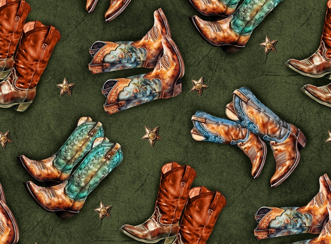 Charmeuse Satin  fabric by the yard -    Cowboy Boots