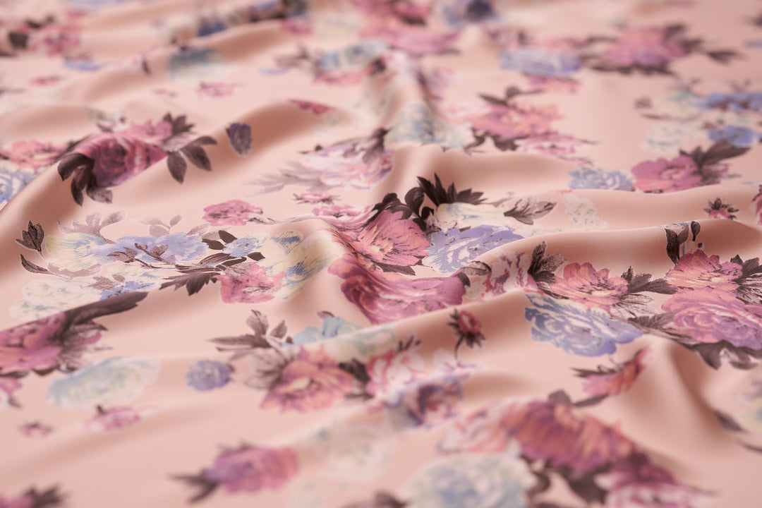 Lightweight  satin  fabric by the yard - Light pink gray lavender florals  pattern