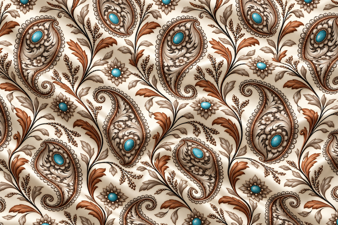 Turquoise  Paisley    - Silky Satin Charmeuse print - fabric by the yard -