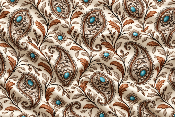 Turquoise  Paisley    - Silky Satin Charmeuse print - fabric by the yard -
