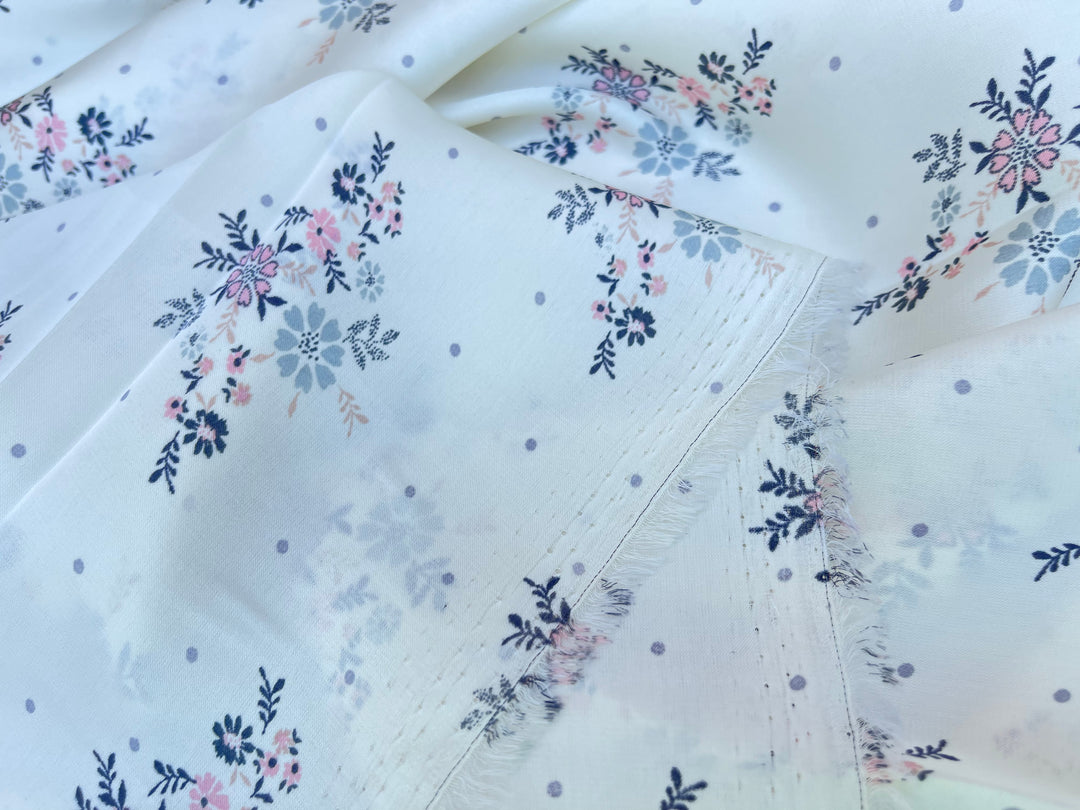 Lightweight  satin  fabric by the yard - Off white Pink gray    floral  and dots  print