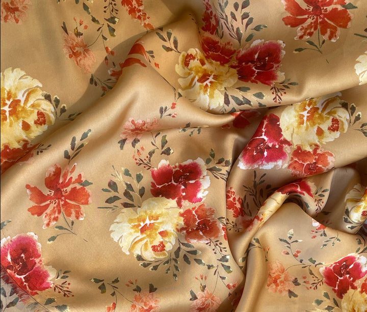 Lightweight  satin  fabric by the yard - Mocha with red and yellow  florals  pattern