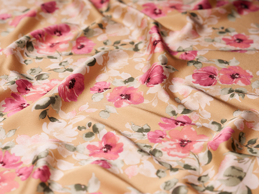 Lightweight  satin  dobby fabric by the yard - raspberry pink  floral  pattern