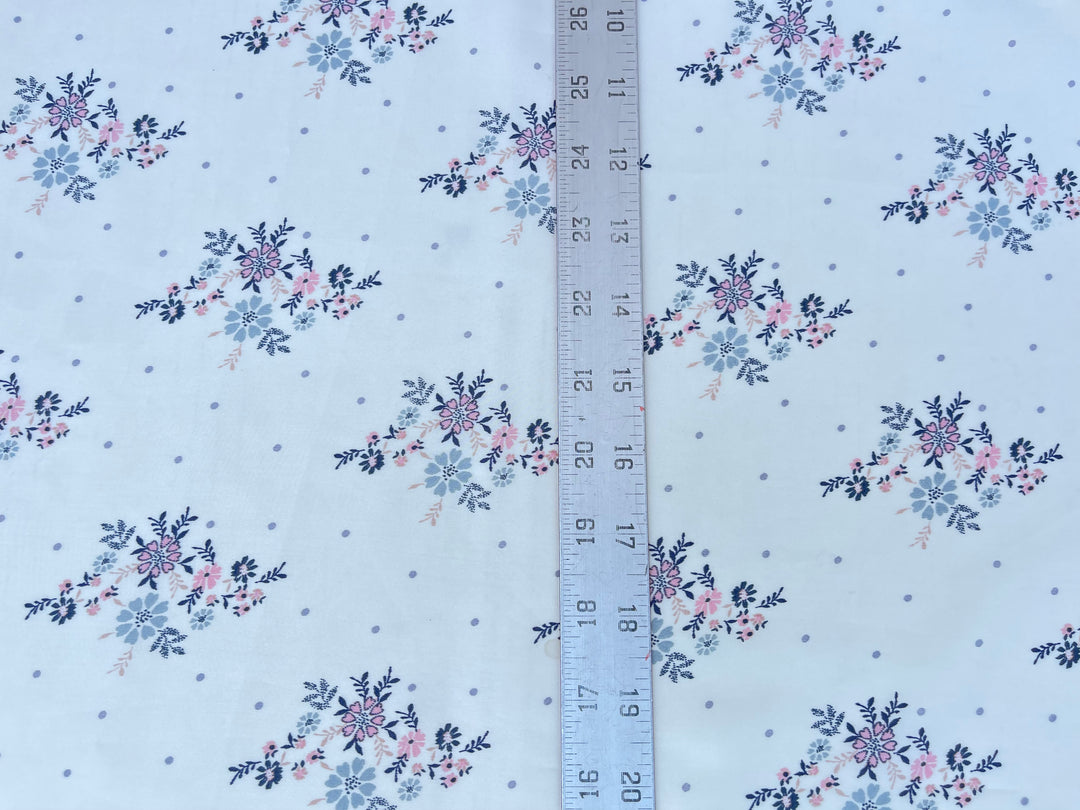 Lightweight  satin  fabric by the yard - Off white Pink gray    floral  and dots  print