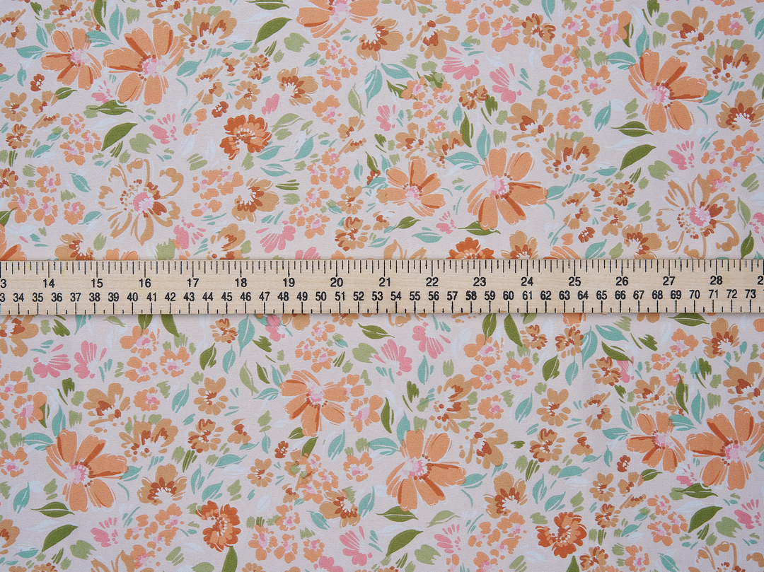 Faux silk charmeuse satin fabric by the yard - Off white  orange green    floral  print