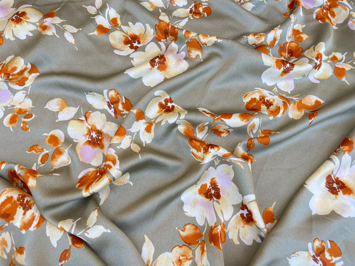 satin  dobby fabric by the yard - Sage green with rusty orange  floral  pattern