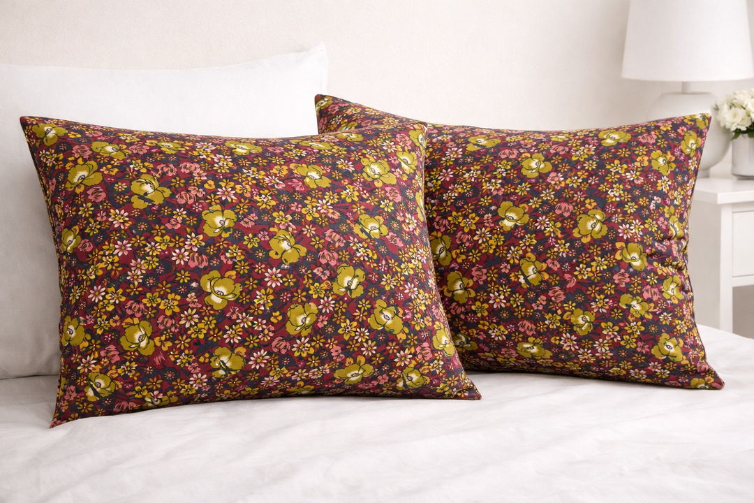Burgundy Green Floral Satin Fabric – Silky Charmeuse for Western Shirts, Wild Rags, Curly hair care & Dresses (By the Yard)