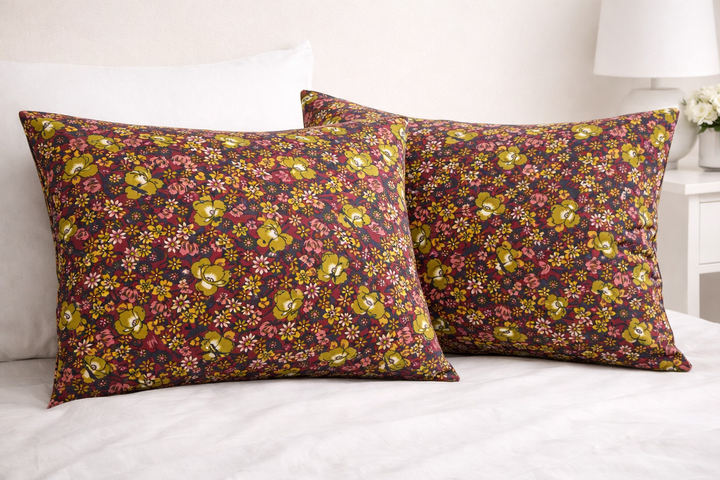 Burgundy Green Floral Satin Fabric – Silky Charmeuse for Western Shirts, Wild Rags, Curly hair care & Dresses (By the Yard)