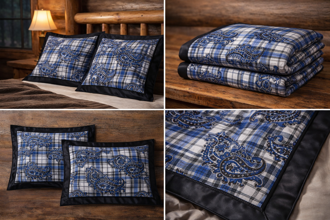 Charmeuse satin fabric by the yard -  Black and blue paisley plaid print