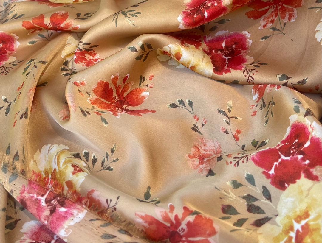 Lightweight  satin  fabric by the yard - Mocha with red and yellow  florals  pattern