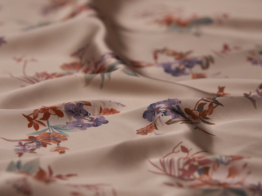 Lightweight  satin fabric by the yard - Rusty lavender flowers  with brown tones on a Peachy background - floral pattern