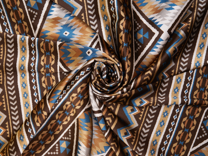 Charmeuse satin fabric by the yard - Brown blue Tribal   print - USA made