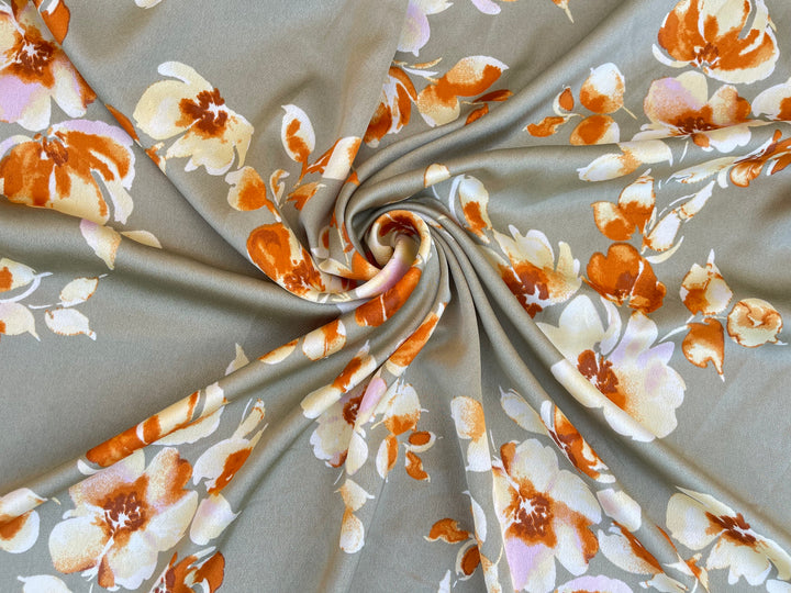 satin  dobby fabric by the yard - Sage green with rusty orange  floral  pattern