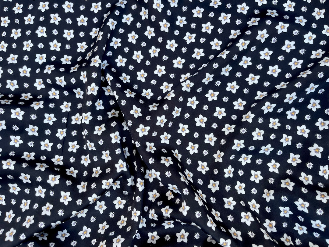 Lightweight  satin  fabric by the yard - Black white dainty    florals  print