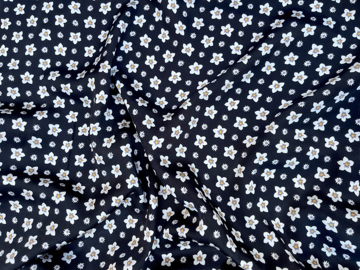 Lightweight  satin  fabric by the yard - Black white dainty    florals  print