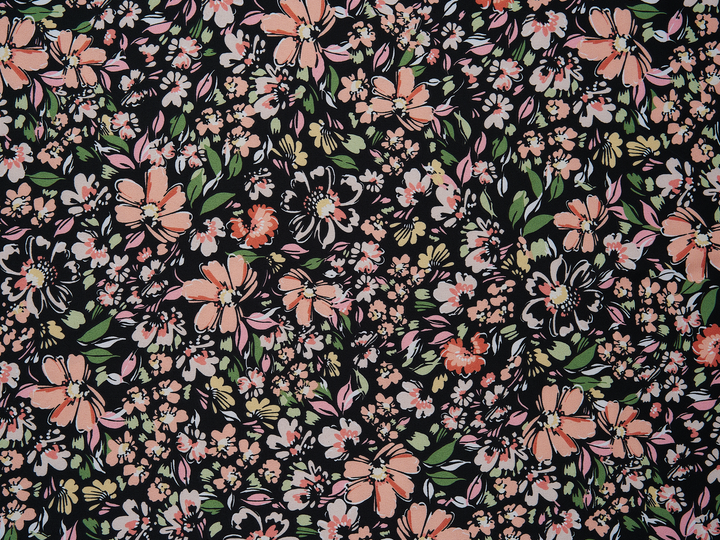 Faux silk charmeuse satin fabric by the yard - Black orange ivory   floral  print