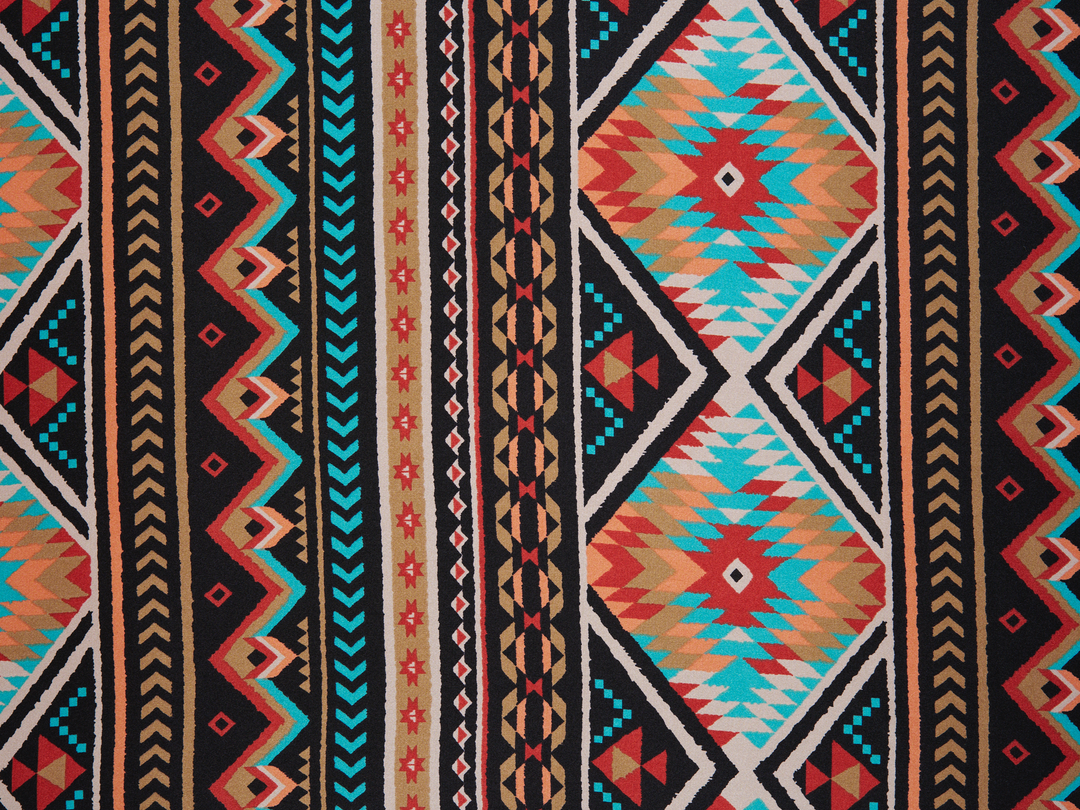 Charmeuse satin fabric by the yard - Black teal Tribal   print - USA made