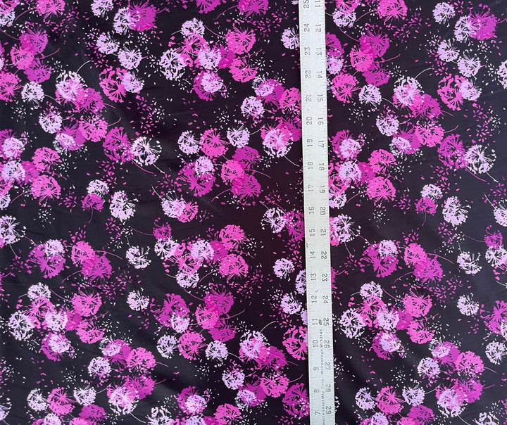 Charmeuse satin fabric   -  Black pink Dandelions nature  print