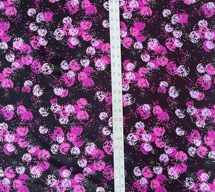 Charmeuse satin fabric   -  Black pink Dandelions nature  print