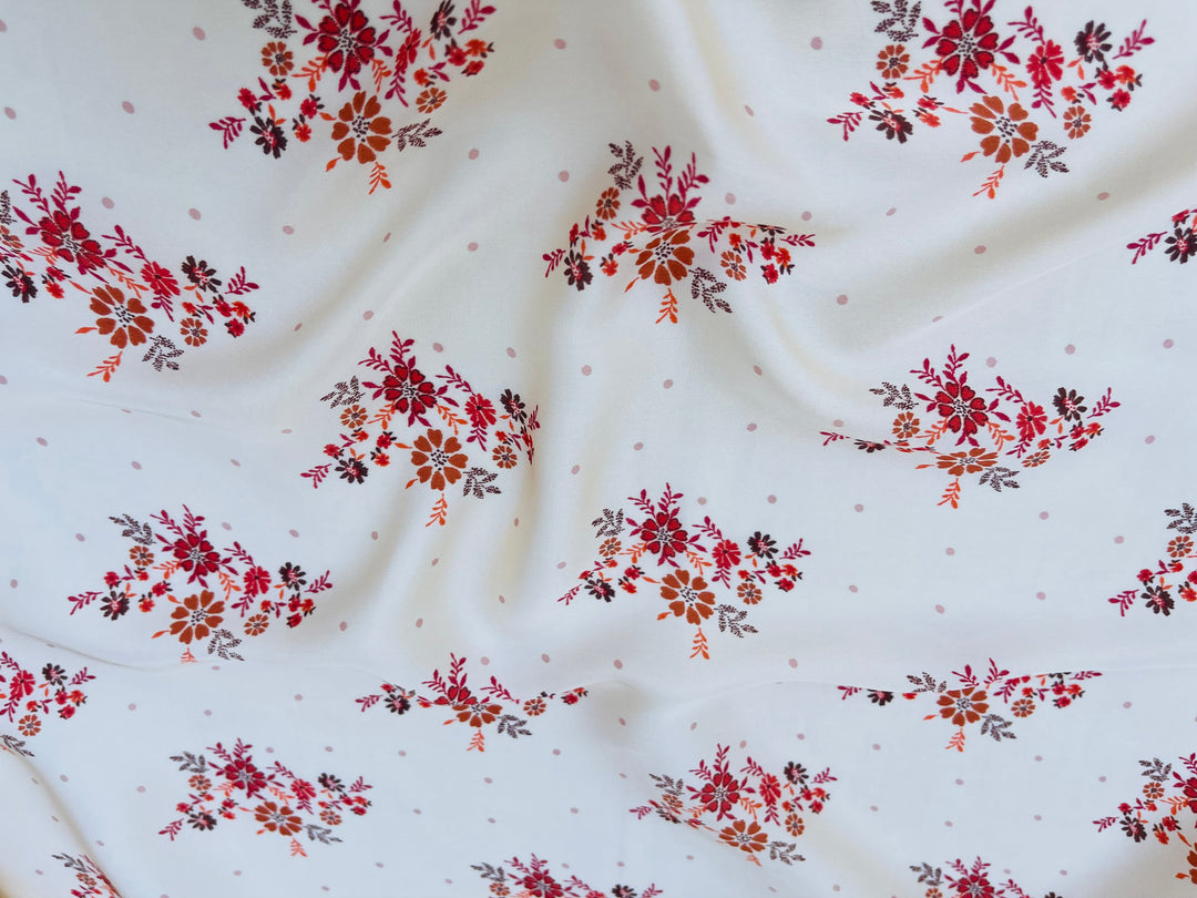 Lightweight  satin  fabric by the yard - Off white rusty orange    floral  and dots  print