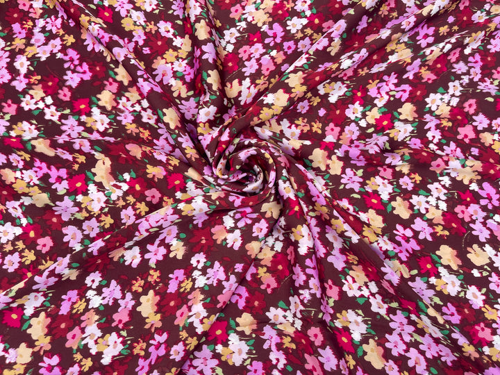 Lightweight  satin fabric by the yard - Burgundy brown pink  dainty floral pattern