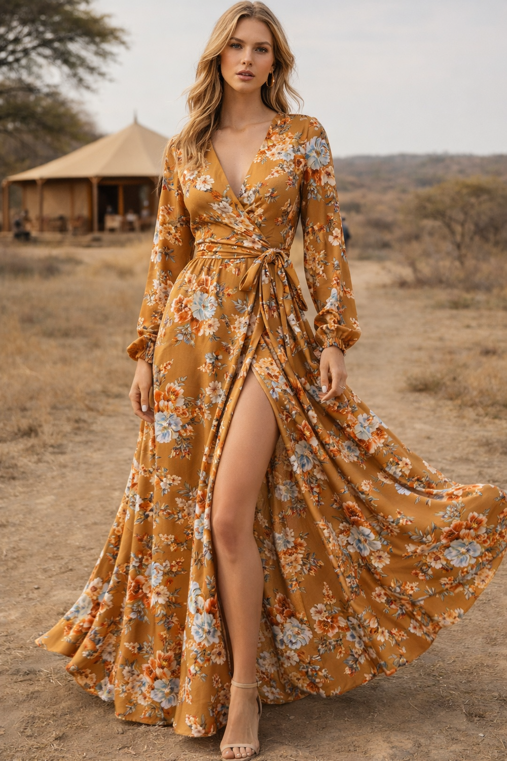 Woman wearing a long floral dress in a desert setting