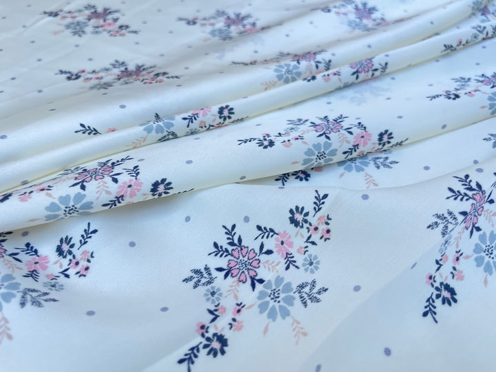 Lightweight  satin  fabric by the yard - Off white Pink gray    floral  and dots  print