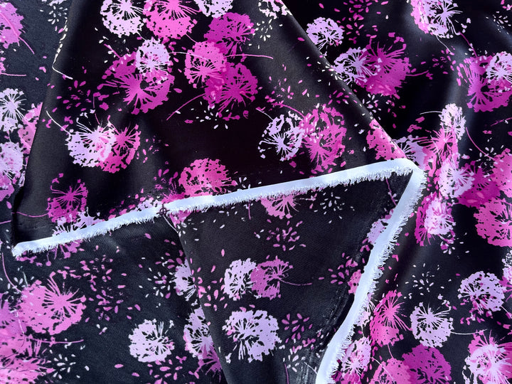 Charmeuse satin fabric   -  Black pink Dandelions nature  print