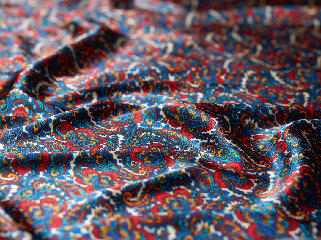 Charmeuse satin fabric by the yard - Red blue   paisley  print - USA made