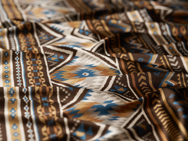 Charmeuse satin fabric by the yard - Brown blue Tribal   print - USA made