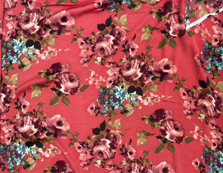 Lightweight  satin  fabric by the yard - Burnt coral  with teal burgundy   florals  print