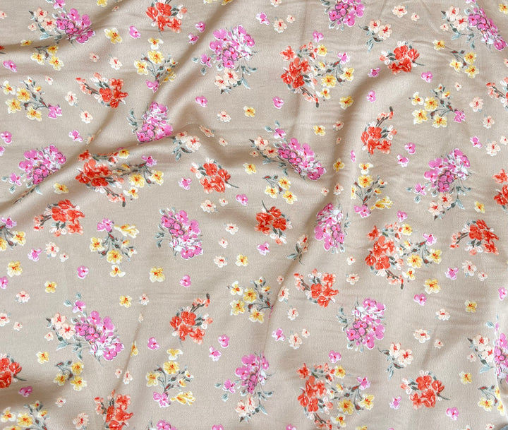 Lightweight  satin  dobby fabric by the yard - Pink orange flowers on bronze background  floral  pattern