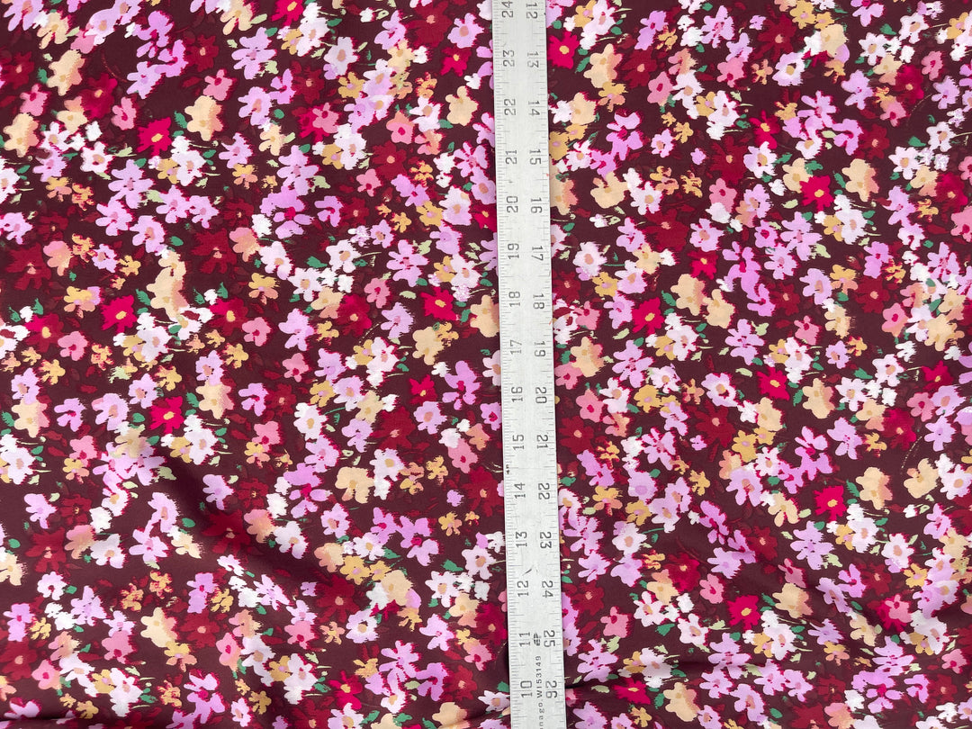 Lightweight  satin fabric by the yard - Burgundy brown pink  dainty floral pattern