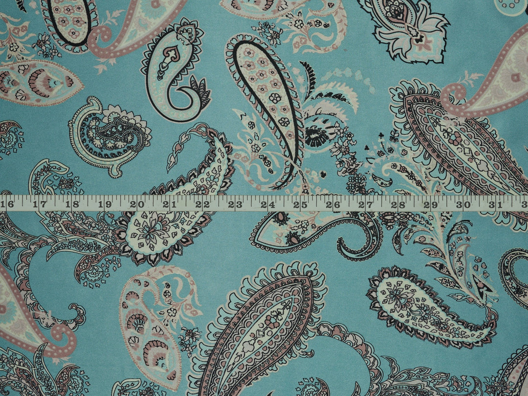 Charmeuse satin fabric by the yard - Pastel aqua blue paisley  print - USA made