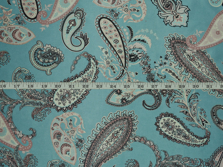 Charmeuse satin fabric by the yard - Pastel aqua blue paisley  print - USA made